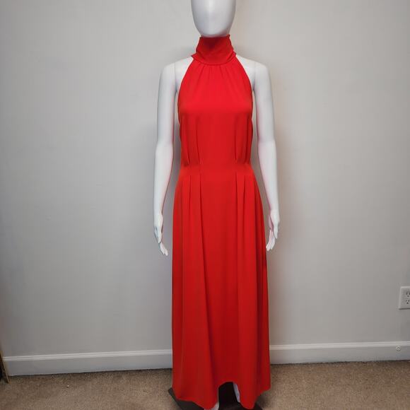 Lela Rose Stretch Crepe Halter Maxi Dress Size 8 Red Orange Couture Designer - Picture 1 of 16